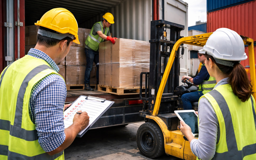 Quality control inspectors supervising container loading, checking cartons on pallets as a forklift loads goods into a shipping container to prevent damage and shipment errors.