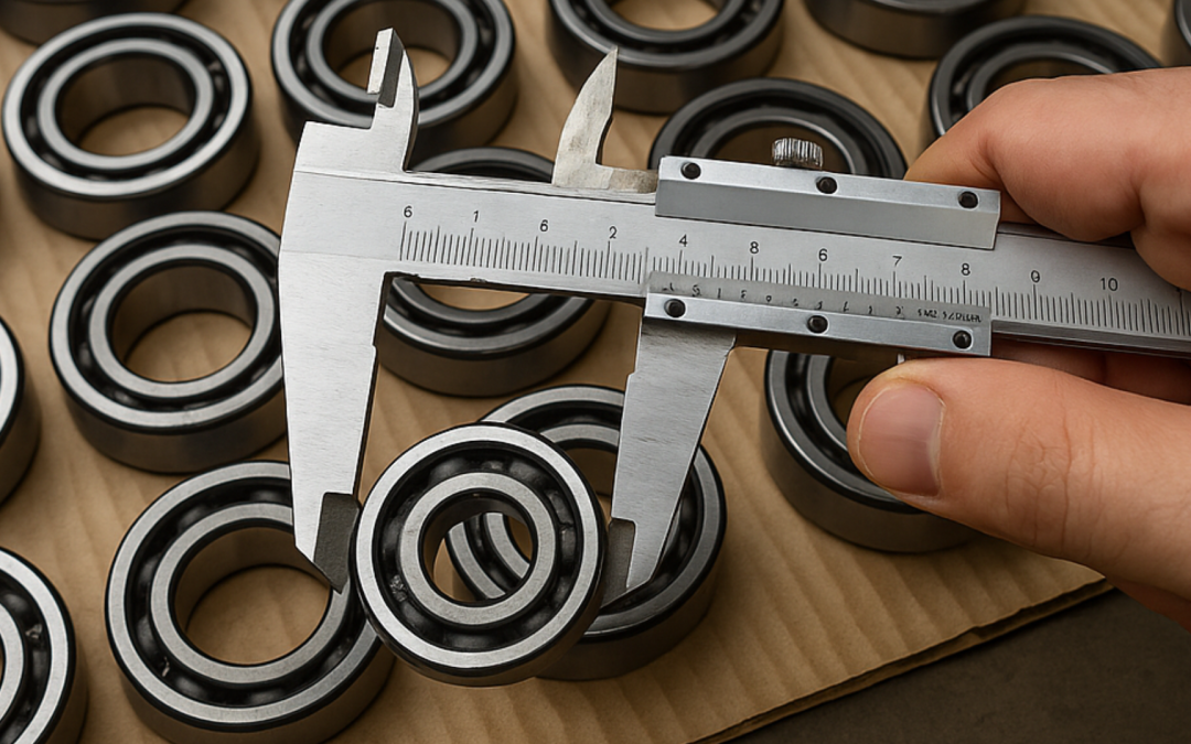 Caliper measuring metal bearings, acceptance quality limits inspection, quality control measurement, manufacturing inspection process, precision measurement tool, industrial quality assurance, product sampling inspection, factory quality control, dimensional inspection of components, AQL quality standards concept