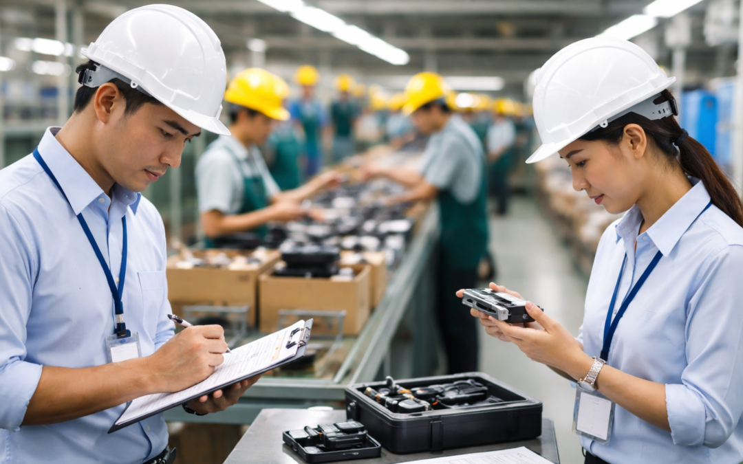 Third-party quality control inspectors examining products on a factory production line during an independent inspection in Vietnam.